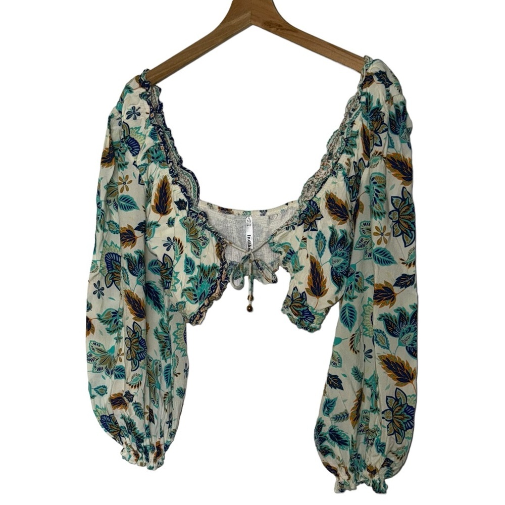 Indikah by Angel Biba Balloon Sleeve Boho Tie Front Smocked Floral Crop Top SZ L